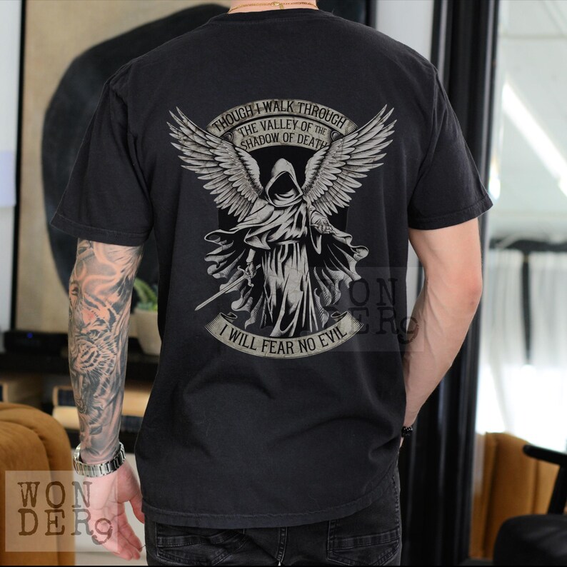Though I Walk Through the Valley of the Shadow of Death I Will Fear No Evil, Psalms 23, Bible Verse Shirt, Distressed Comfort Colors Tee, Oversized, Christian Grunge, Christian Gothic Design