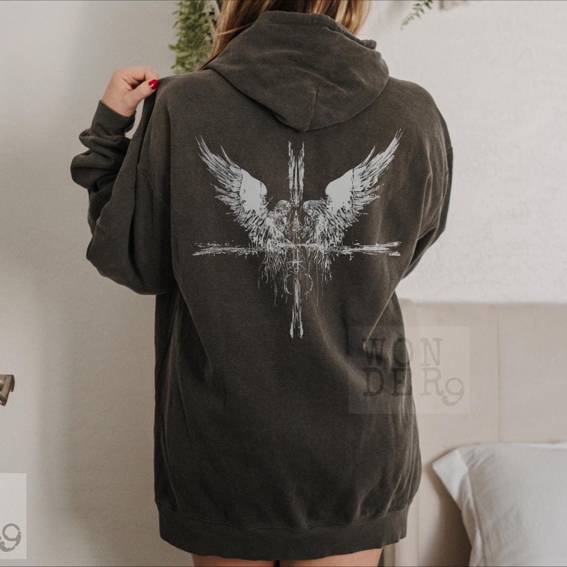 Angels and a Cross Grunge Etched gothic design on a distressed Comfort Colors Premium Quality Hoodie