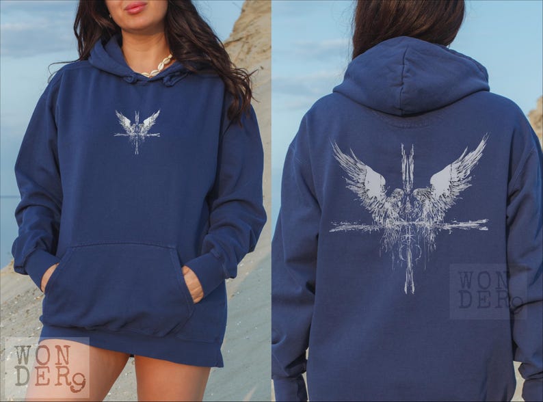 Angels and a Cross Grunge Etched gothic design on a distressed Comfort Colors Premium Quality Hoodie