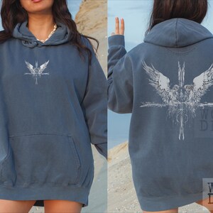 Angels and a Cross Grunge Etched gothic design on a distressed Comfort Colors Premium Quality Hoodie