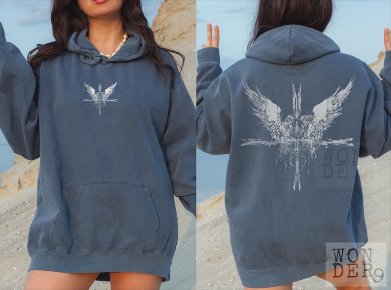 Angels and a Cross Grunge Etched gothic design on a distressed Comfort Colors Premium Quality Hoodie
