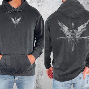 Angels and a Cross Grunge Etched gothic design on a distressed Comfort Colors Premium Quality Hoodie