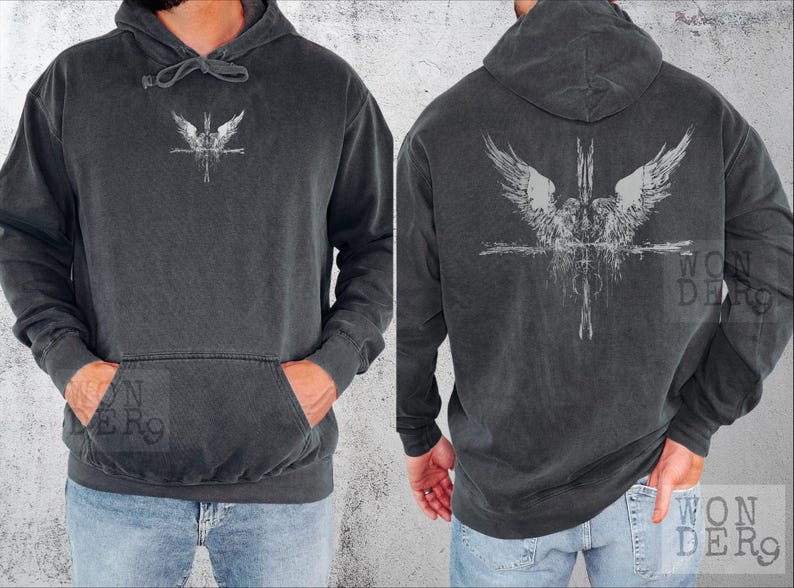 Angels and a Cross Grunge Etched gothic design on a distressed Comfort Colors Premium Quality Hoodie