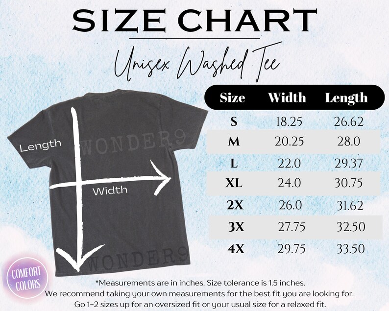 Puede incluir: Tabla de tallas para una camiseta unisex lavada, con medidas en pulgadas. La tabla incluye tallas de la S a la 4XL, con dimensiones de ancho y largo proporcionadas para cada talla. La camiseta se muestra con flechas.