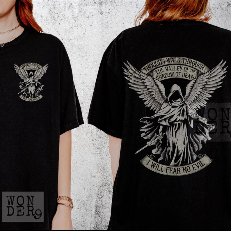 Though I Walk Through the Valley of the Shadow of Death I Will Fear No Evil, Psalms 23, Bible Verse Shirt, Distressed Comfort Colors Tee, Oversized, Christian Grunge, Christian Gothic Design