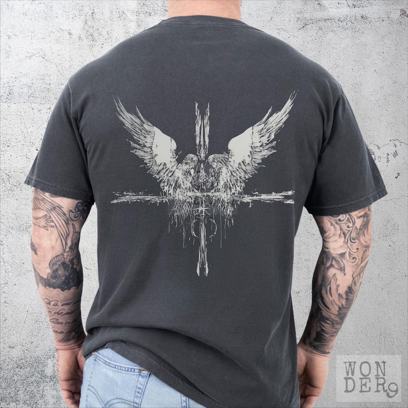 Angels at the Cross grunge style design printed on a Comfort Colors distressed premium quality tee, 100 percent cotton