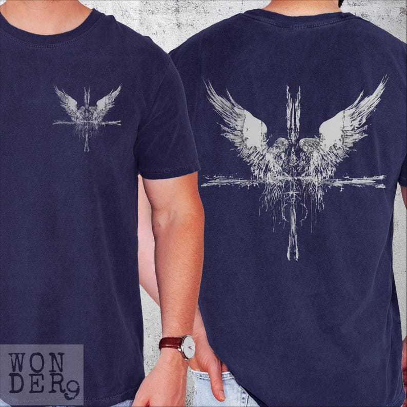 Angels at the Cross grunge style design printed on a Comfort Colors distressed premium quality tee, 100 percent cotton