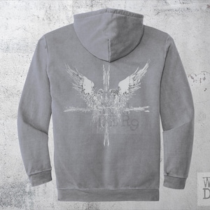 Angels and a Cross Grunge Etched gothic design on a distressed Comfort Colors Premium Quality Hoodie