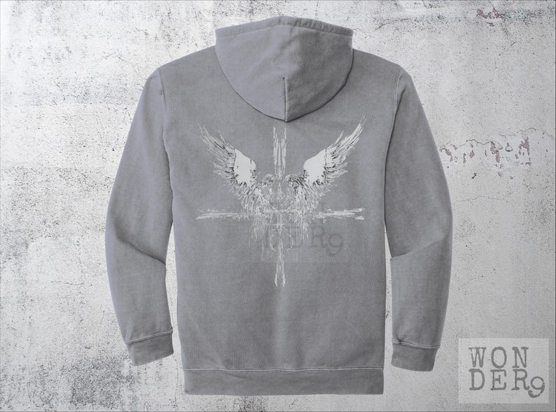 Angels and a Cross Grunge Etched gothic design on a distressed Comfort Colors Premium Quality Hoodie