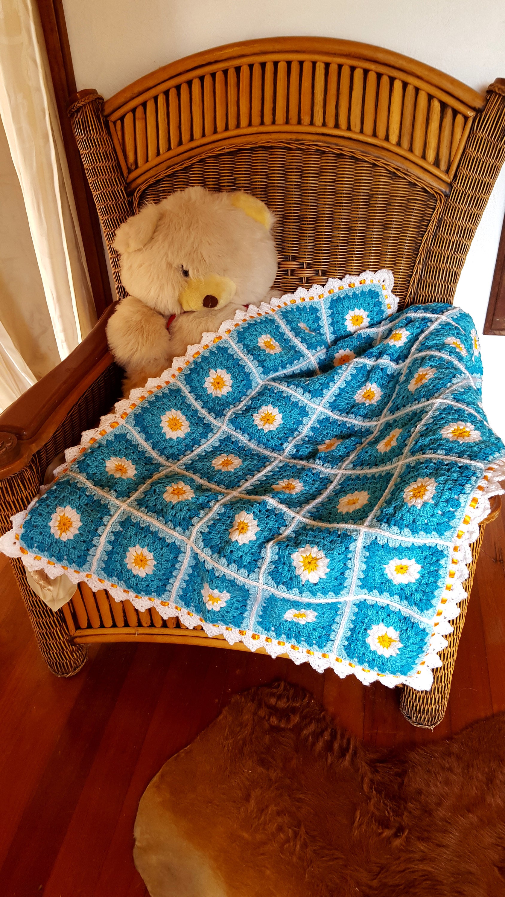 Crochet Daisy Baby Blanket Gift Blue and Yellow Daises Etsy Australia