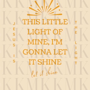 Op de afbeelding: Een gele afbeelding met een zonnestralenontwerp en de tekst "This little light of mine, I'm gonna let it shine let it shine".
