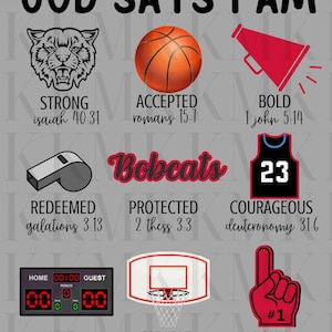 Könnte beinhalten: Ein Motivationsposter mit Basketball-Thema. Es zeigt einen roten und schwarzen Basketball, ein rotes Megafon, eine Pfeife, ein Basketballtrikot, einen Basketballkorb und einen roten Schaumstoff-Finger. Das Poster enthält den Text "GOD SAYS I AM" und Bibelverse zu jedem Bild.