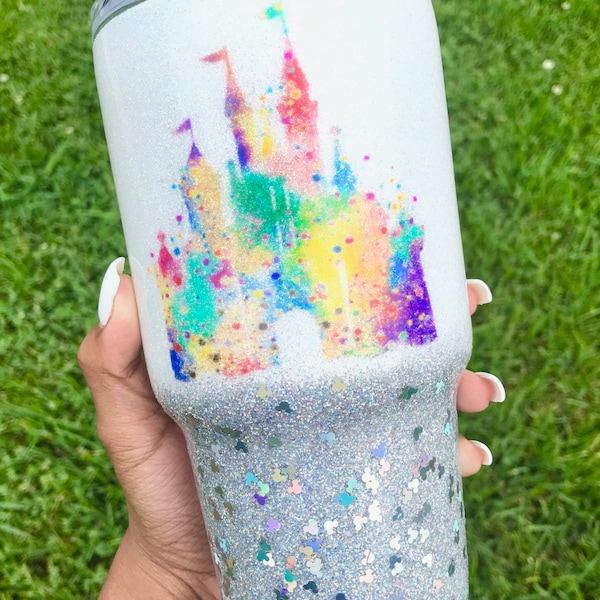 disney watercolor castle/disney castle tumbler/glitter Disney yeti/yeti personalized/bling glitter tumbler/yeti white glitter cup/glitter