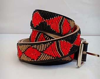 Red and white masaai//masai beaded leather men/'s belts
