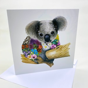 Tarjeta de felicitación con koala en acuarela, animales y plantas autóctonos de Australia