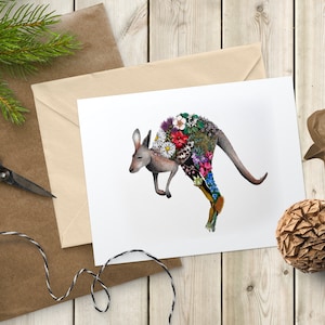 Carte avec aquarelle de kangourou, carte de voeux, animal et plantes indigènes d'Australie