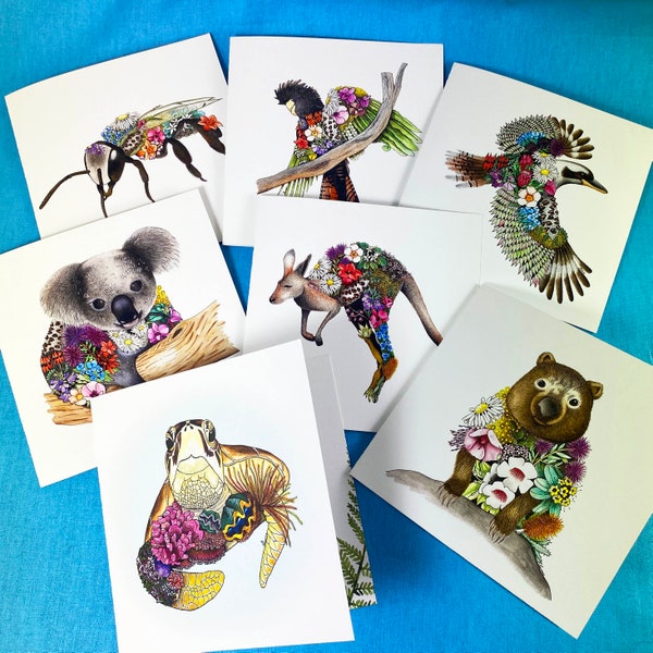 Set of 7 Watercolour Cards, Greeting Cards, Australian Native Animal and Plants