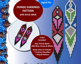 May include: Digital PDF pattern for fringe earrings with brick stitch. The design includes two files with red, pink, black, blue, green, and white bead colors. The image shows a pair of earrings and two design examples.