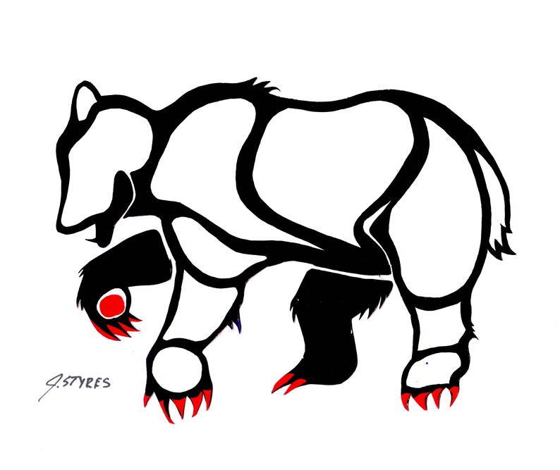 May include: A stylized black and white illustration of a bear. The bear's body is primarily white with black outlines and accents. The claws are red, and the artist's signature is in the lower left corner.