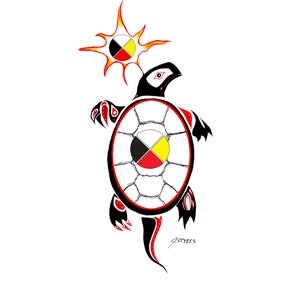 May include: A stylized illustration of a turtle with a sun above it. The turtle is black, red, and white, with a segmented shell. The sun is yellow and red, and both the sun and turtle shell feature a circular design with black, red, yellow, and white segments.