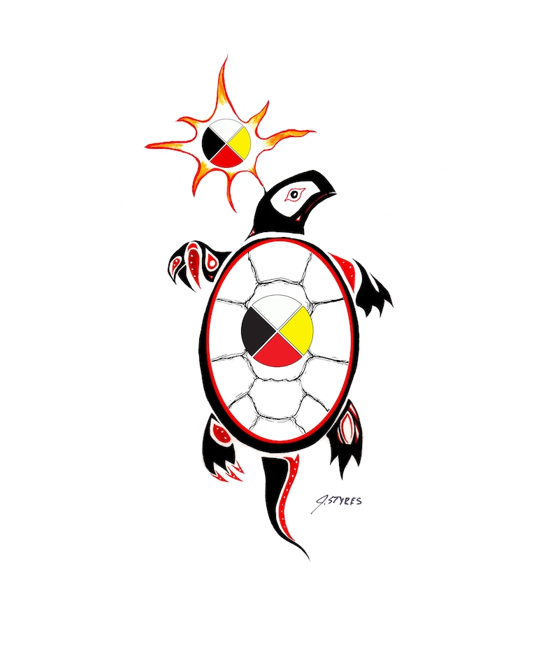 May include: A stylized illustration of a turtle with a sun above it. The turtle is black, red, and white, with a segmented shell. The sun is yellow and red, and both the sun and turtle shell feature a circular design with black, red, yellow, and white segments.