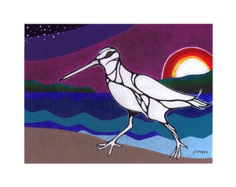 Dancing on the Shore: stylized Snipe (American Woodcock) Shoreline Art