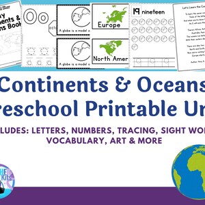 Continents & Oceans Preschool Printables~Preschool Curriculum Learning Activities~Homeschool Preschool- Preschool Curriculum Kit