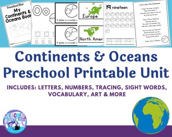 Continents & Oceans Preschool Printables~Preschool Curriculum Learning Activities~Homeschool Preschool- Preschool Curriculum Kit