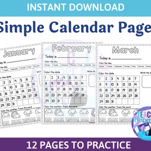 12 Preschool, Kindergarten Calendar Worksheet Pages, Month, Day, Date, Weather, Homeschool, Daycare, Distance Learning, digital download