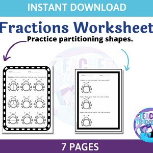 7 Fraction Worksheets- Math Printables- First Grade Worksheet- Second Grade Math Worksheet