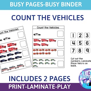 Count the Vehicles Worksheet, Counting Game, Educational Preschool Printable Activity, Homeschool Game, Tot School, Busy Binder