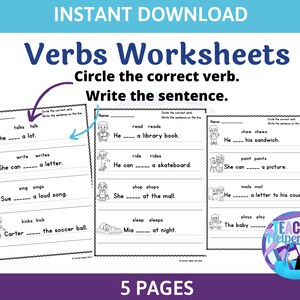Puede incluir: Una descarga digital de hojas de trabajo de verbos para niños. Las hojas de trabajo presentan oraciones para completar con ilustraciones. El título "Verbs Worksheets" está en letras azules grandes, con "Instant Download" arriba. Las hojas de trabajo son 5 páginas.