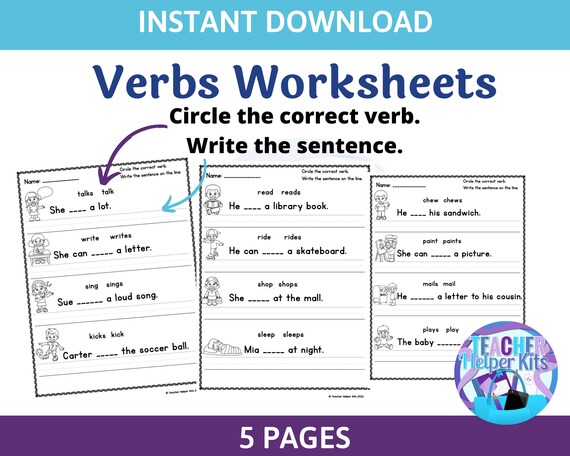 5 choose the verb worksheets language arts worksheets verb etsy