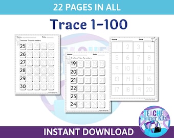 22 Number Tracing Worksheets 1-100-Preschool Curriculum- Kindergarten Curriculum- Homeschool Worksheets-1 100 tracing numbers worksheet