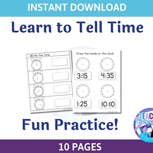 Learn to Tell Time~ Telling Time Worksheets- Kindergarten Math- At Home Learning- First Grade Math Worksheets