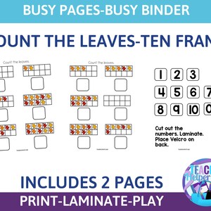 Count the Leaves Worksheet, Counting Game, Educational Preschool Printable Activity, Homeschool Game, Tot School, Busy Binder, Ten Frames