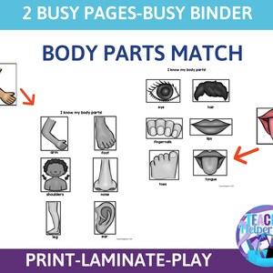 Match the Body Parts Worksheet, Matching Game, Educational Preschool Printable Activity, Homeschool Game, Toddler, Preschool, Busy Binder