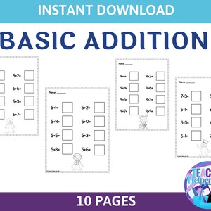 May include: Black and white printable worksheets for basic addition math problems. The worksheets feature penguin and bunny illustrations. The text "INSTANT DOWNLOAD" and "BASIC ADDITION" are at the top of the page. The text "10 PAGES" is at the bottom of the page.
