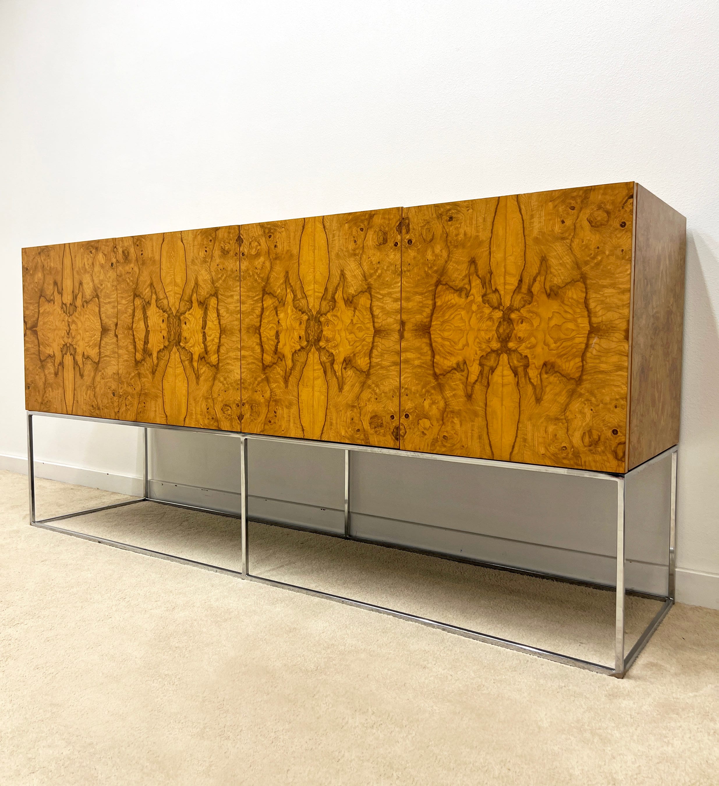Mid Century Milo Baughman Thayer Coggin Olive Burl Wood Chrome Credenza Buffet Etsy