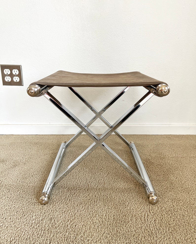 mid century post modern chrome suede x base seating stool image 2