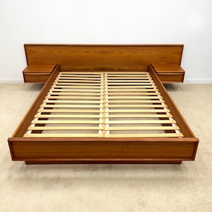 SOLD vintage Danish Modern teak queen floating platform bed with headboard nightstands mid century