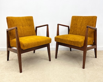 vintage (2) Jens Risom C120 walnut wood lounge chair pair mid century