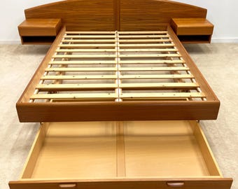 Danish Modern Jesper teak queen floating platform bed with headboard nightstands mid century