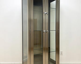 vintage mid century stainless steel glass medical cabinet tall large wheels industrial display apothecary