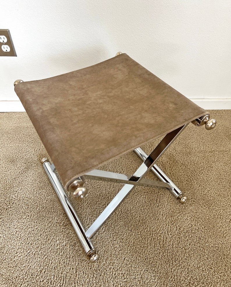 mid century post modern chrome suede x base seating stool image 5