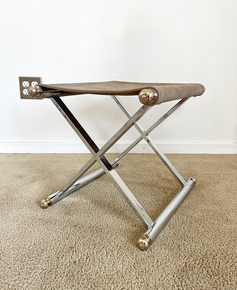 mid century post modern chrome suede x base seating stool image 4
