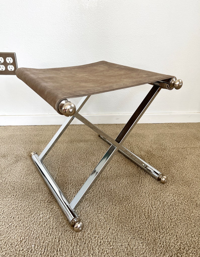 mid century post modern chrome suede x base seating stool image 3