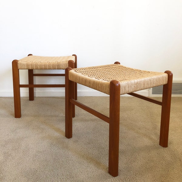 Danish modern (2) teak woven cord stool ottoman pair