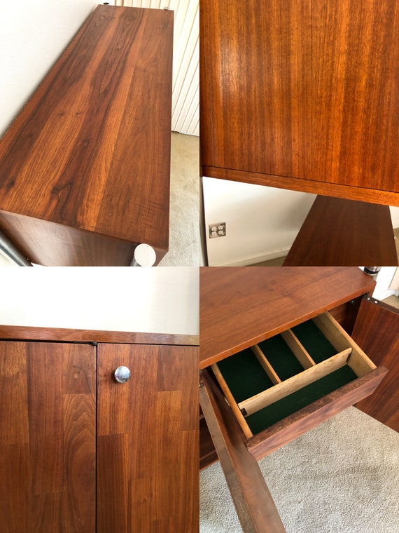 Vintage Walnut Chrome Credenza Wall Unit Buffet Cabinet