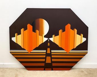 vintage op art original painting on canvas geometric space age mid century